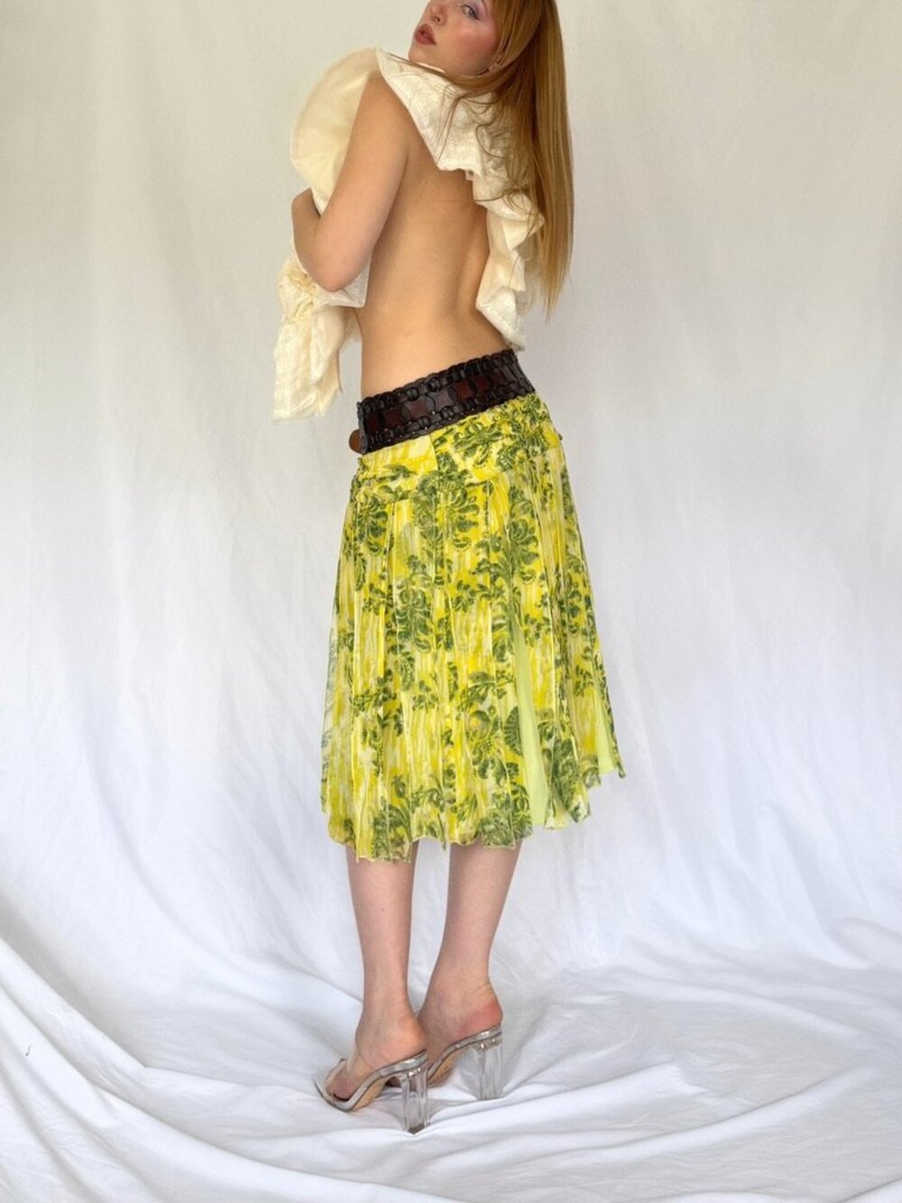 Vintage Green Silk Abstract Printed Midi Skirt